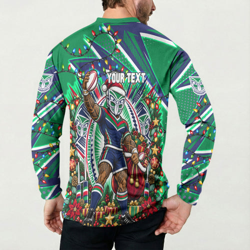 Personalized New Zealand Warriors Rugby Christmas Button Sweatshirt Holiday Mascot Graphic Art Festive Lights Bow