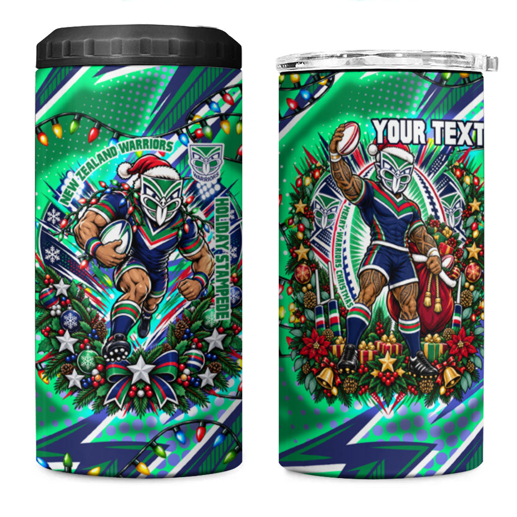 Personalized New Zealand Warriors Rugby Christmas 4 in 1 Can Cooler Tumbler Holiday Mascot Graphic Art Festive Lights Bow