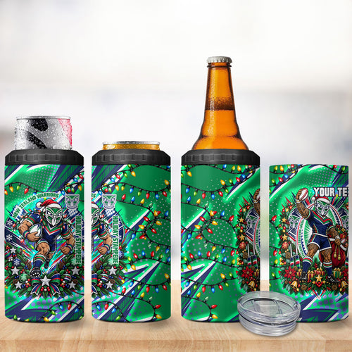 Personalized New Zealand Warriors Rugby Christmas 4 in 1 Can Cooler Tumbler Holiday Mascot Graphic Art Festive Lights Bow