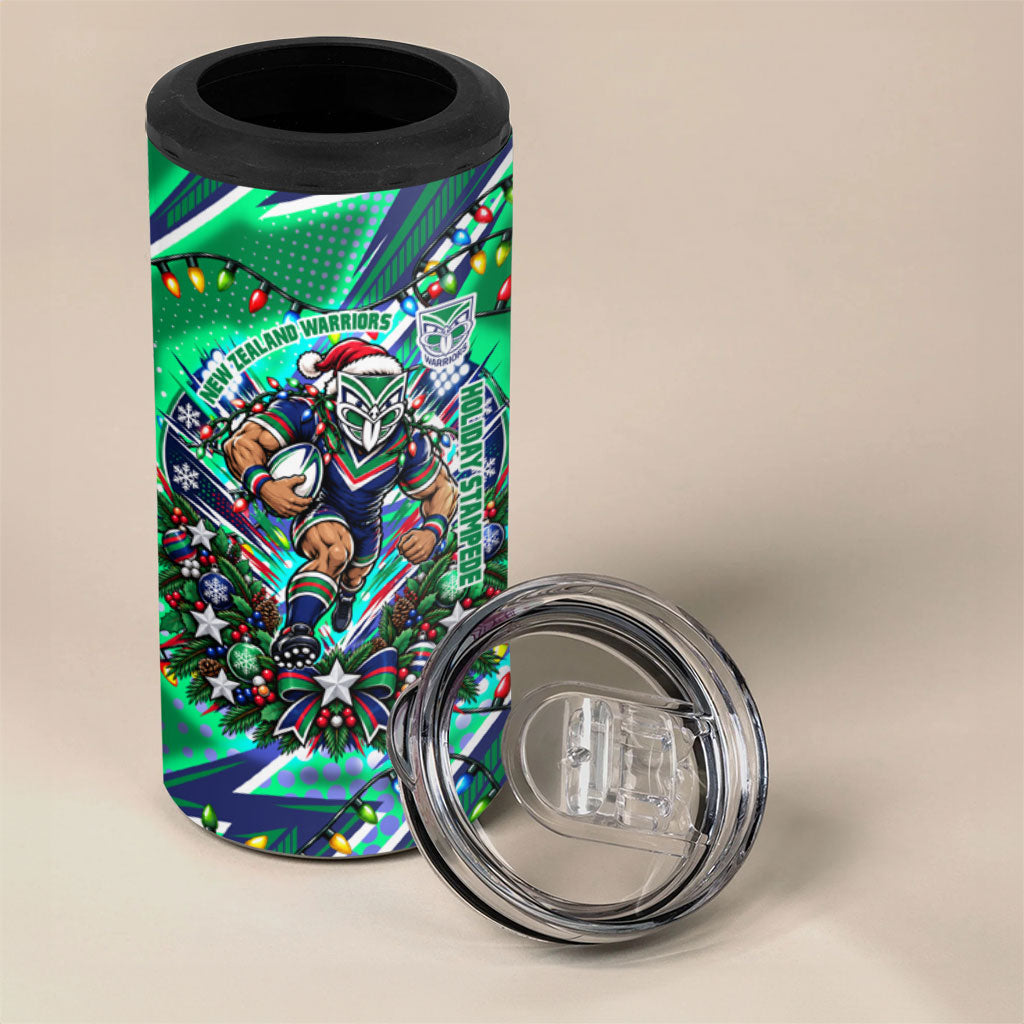 Personalized New Zealand Warriors Rugby Christmas 4 in 1 Can Cooler Tumbler Holiday Mascot Graphic Art Festive Lights Bow
