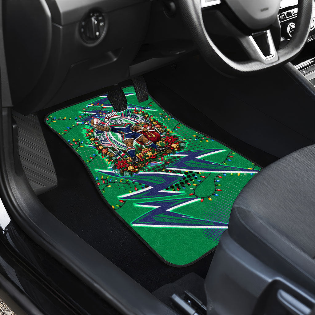 Personalized New Zealand Warriors Rugby Christmas Car Mats Holiday Mascot Graphic Art Festive Lights Bow