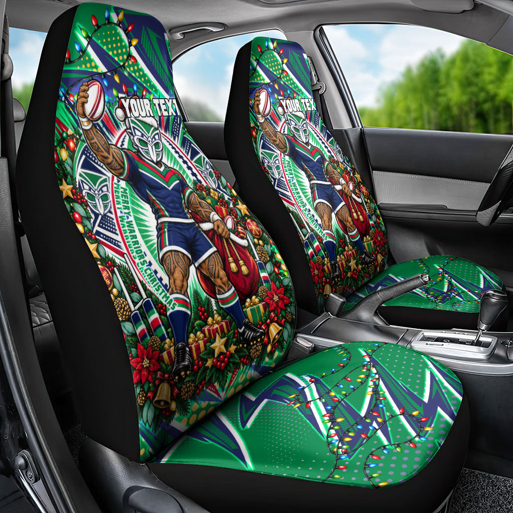 Personalized New Zealand Warriors Rugby Christmas Car Seat Cover Holiday Mascot Graphic Art Festive Lights Bow