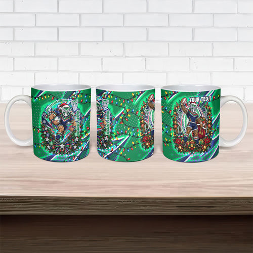 Personalized New Zealand Warriors Rugby Christmas Ceramic Mug Holiday Mascot Graphic Art Festive Lights Bow