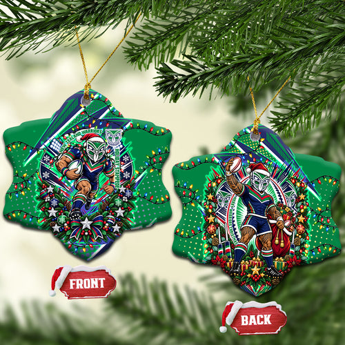 New Zealand Warriors Rugby Christmas Ceramic Ornament Holiday Mascot Graphic Art Festive Lights Bow