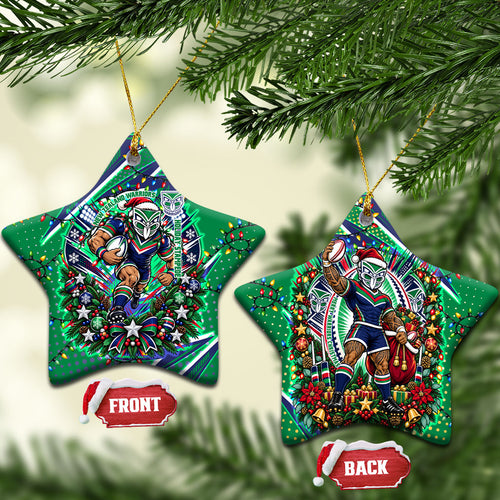 New Zealand Warriors Rugby Christmas Ceramic Ornament Holiday Mascot Graphic Art Festive Lights Bow
