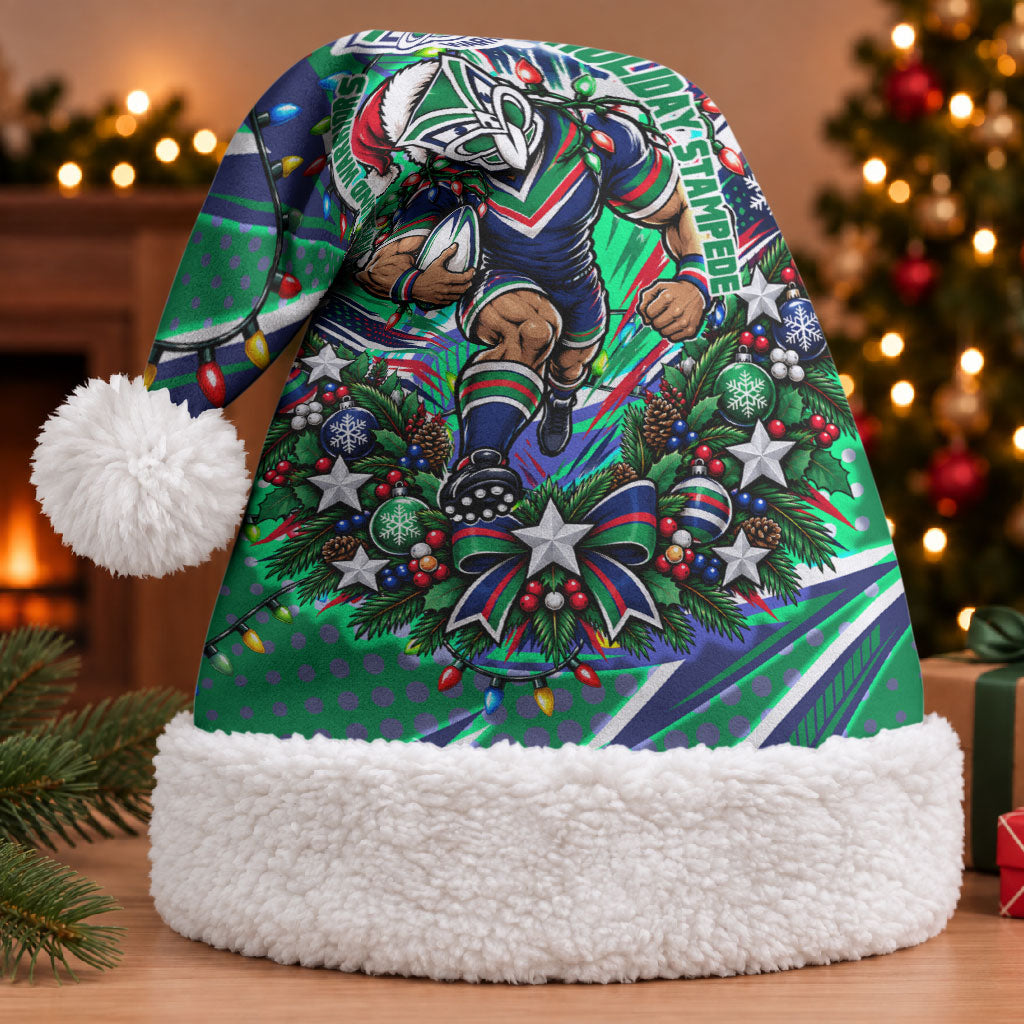 New Zealand Warriors Rugby Christmas Santa Hat Holiday Mascot Graphic Art Festive Lights Bow
