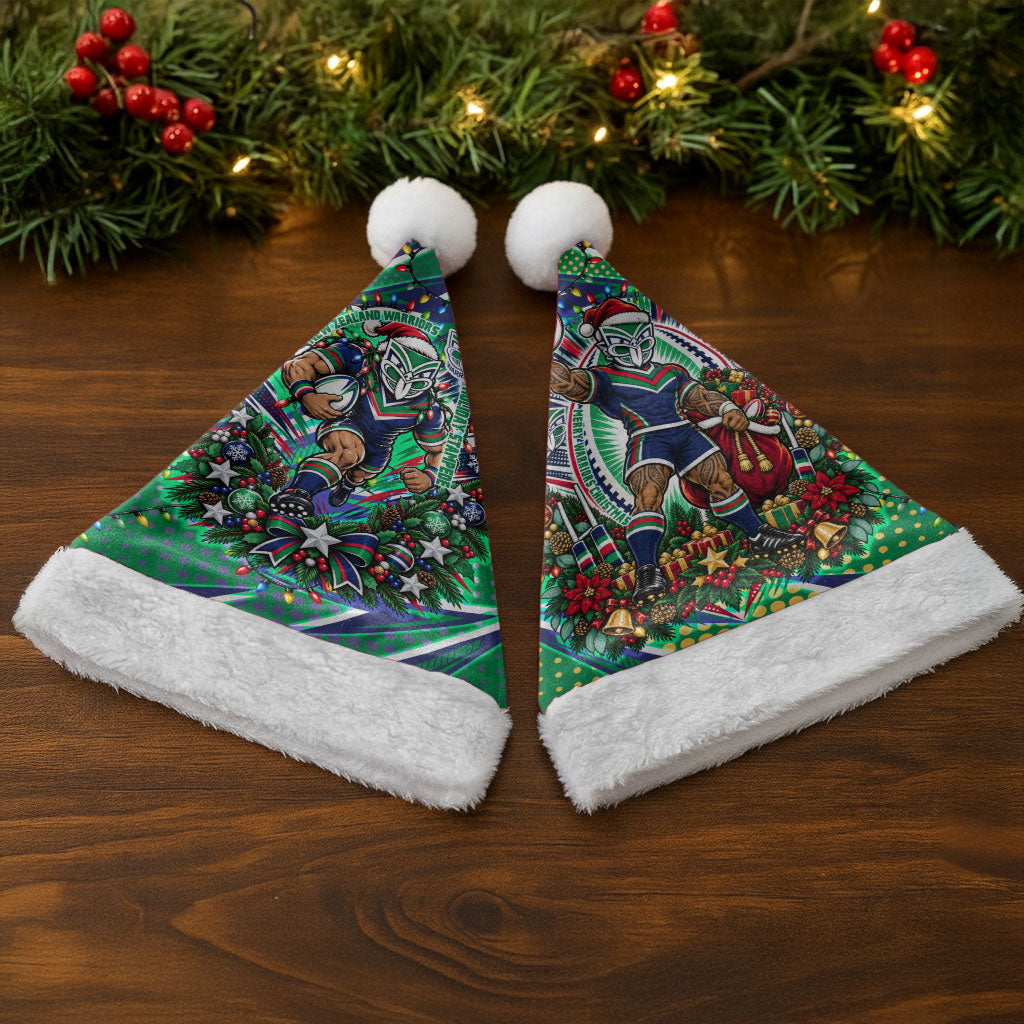 New Zealand Warriors Rugby Christmas Santa Hat Holiday Mascot Graphic Art Festive Lights Bow