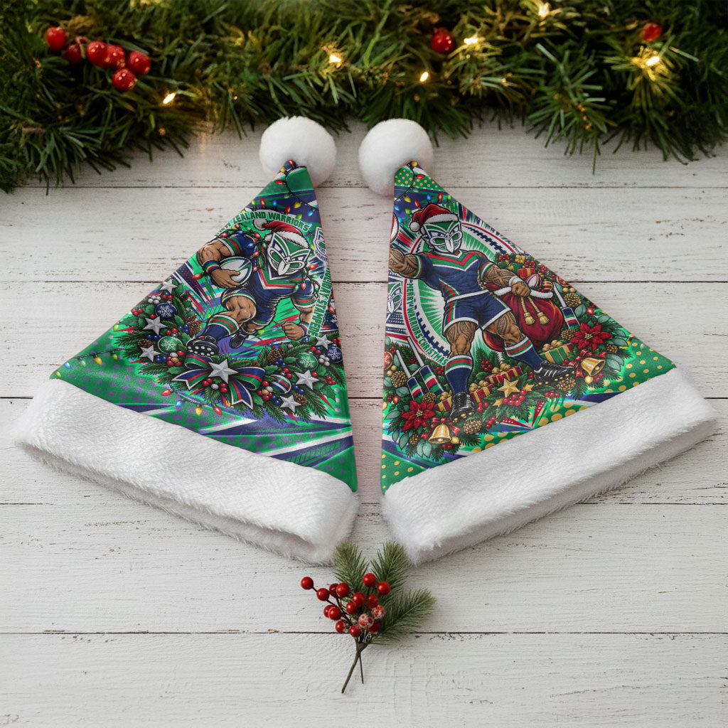New Zealand Warriors Rugby Christmas Santa Hat Holiday Mascot Graphic Art Festive Lights Bow