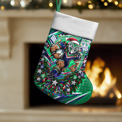 New Zealand Warriors Rugby Christmas Stocking Holiday Mascot Graphic Art Festive Lights Bow