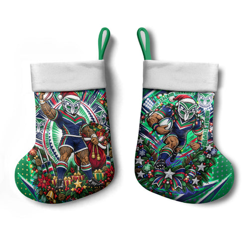 New Zealand Warriors Rugby Christmas Stocking Holiday Mascot Graphic Art Festive Lights Bow