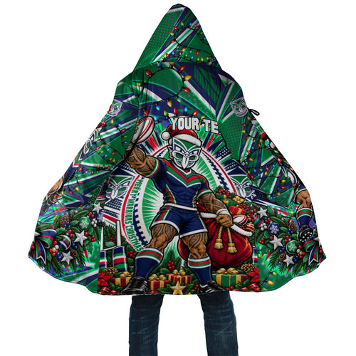 Personalized New Zealand Warriors Rugby Christmas Cloak Holiday Mascot Graphic Art Festive Lights Bow