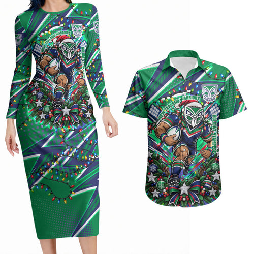 Personalized New Zealand Warriors Rugby Christmas Couples Matching Long Sleeve Bodycon Dress and Hawaiian Shirt Holiday Mascot Graphic Art Festive Lights Bow