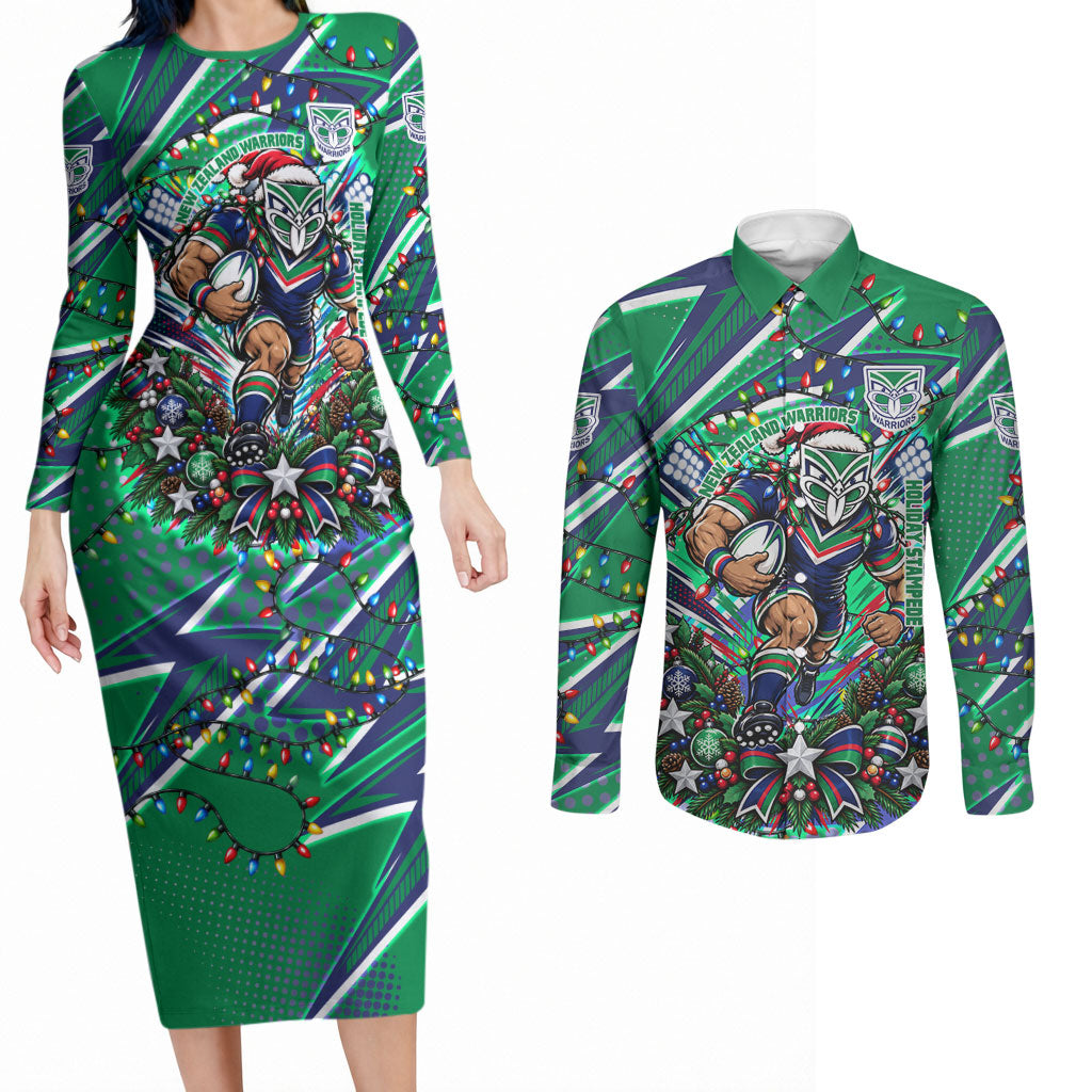 Personalized New Zealand Warriors Rugby Christmas Couples Matching Long Sleeve Bodycon Dress and Long Sleeve Button Shirt Holiday Mascot Graphic Art Festive Lights Bow