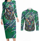 Personalized New Zealand Warriors Rugby Christmas Couples Matching Long Sleeve Bodycon Dress and Long Sleeve Button Shirt Holiday Mascot Graphic Art Festive Lights Bow