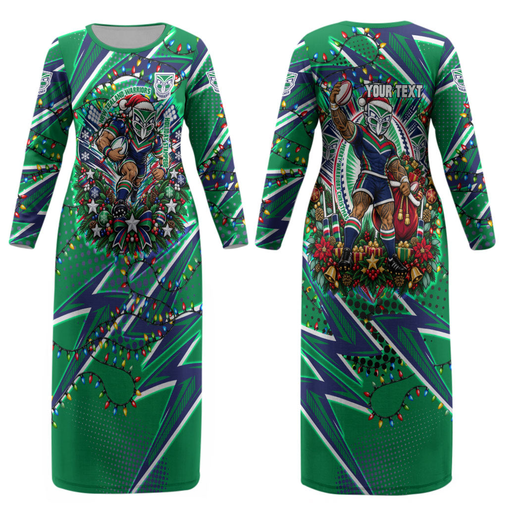 Personalized New Zealand Warriors Rugby Christmas Couples Matching Long Sleeve Bodycon Dress and Long Sleeve Button Shirt Holiday Mascot Graphic Art Festive Lights Bow