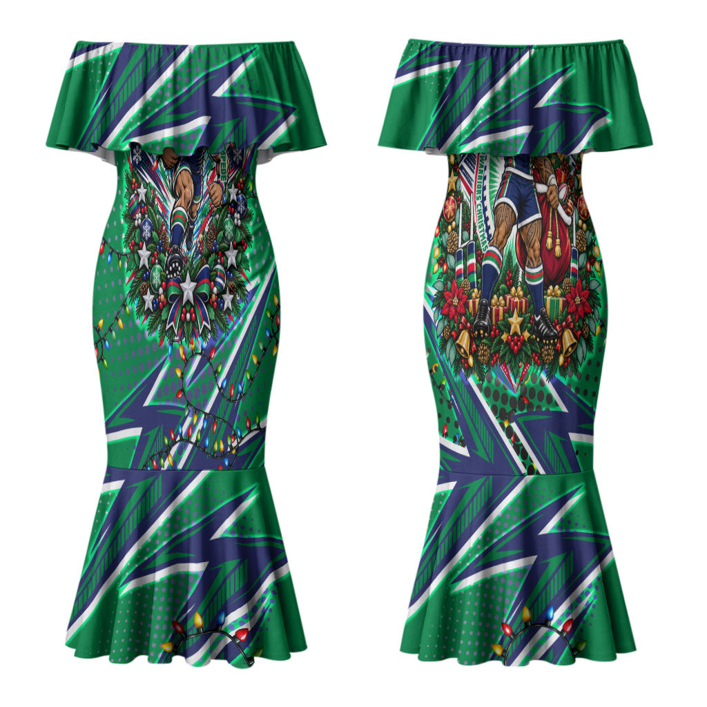 Personalized New Zealand Warriors Rugby Christmas Couples Matching Mermaid Dress and Hawaiian Shirt Holiday Mascot Graphic Art Festive Lights Bow