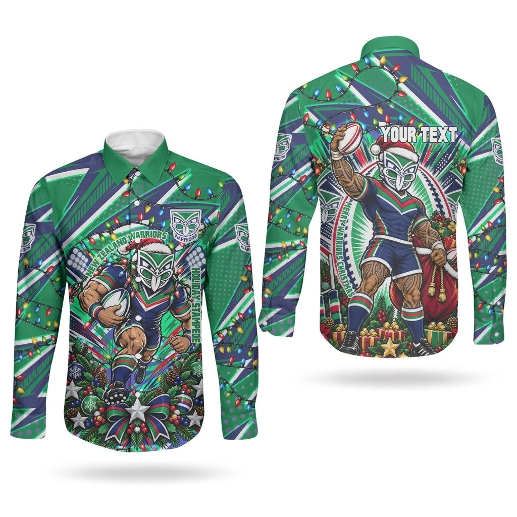 Personalized New Zealand Warriors Rugby Christmas Couples Matching Mermaid Dress and Long Sleeve Button Shirt Holiday Mascot Graphic Art Festive Lights Bow