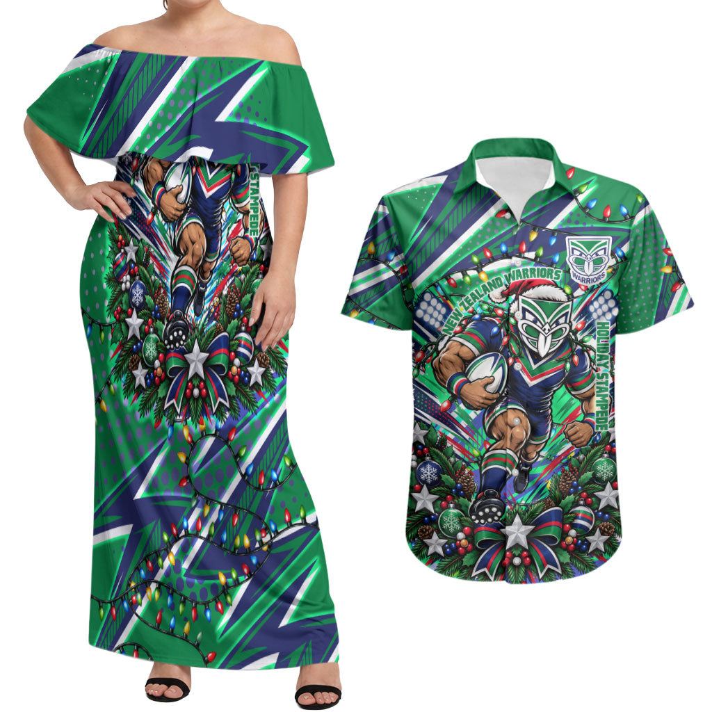 Personalized New Zealand Warriors Rugby Christmas Couples Matching Off Shoulder Maxi Dress and Hawaiian Shirt Holiday Mascot Graphic Art Festive Lights Bow