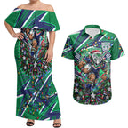 Personalized New Zealand Warriors Rugby Christmas Couples Matching Off Shoulder Maxi Dress and Hawaiian Shirt Holiday Mascot Graphic Art Festive Lights Bow