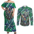 Personalized New Zealand Warriors Rugby Christmas Couples Matching Off Shoulder Maxi Dress and Long Sleeve Button Shirt Holiday Mascot Graphic Art Festive Lights Bow