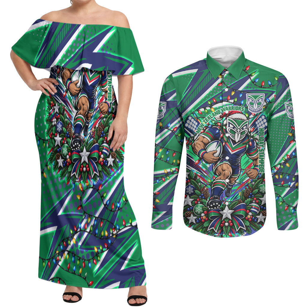 Personalized New Zealand Warriors Rugby Christmas Couples Matching Off Shoulder Maxi Dress and Long Sleeve Button Shirt Holiday Mascot Graphic Art Festive Lights Bow