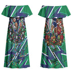 Personalized New Zealand Warriors Rugby Christmas Couples Matching Off Shoulder Maxi Dress and Long Sleeve Button Shirt Holiday Mascot Graphic Art Festive Lights Bow