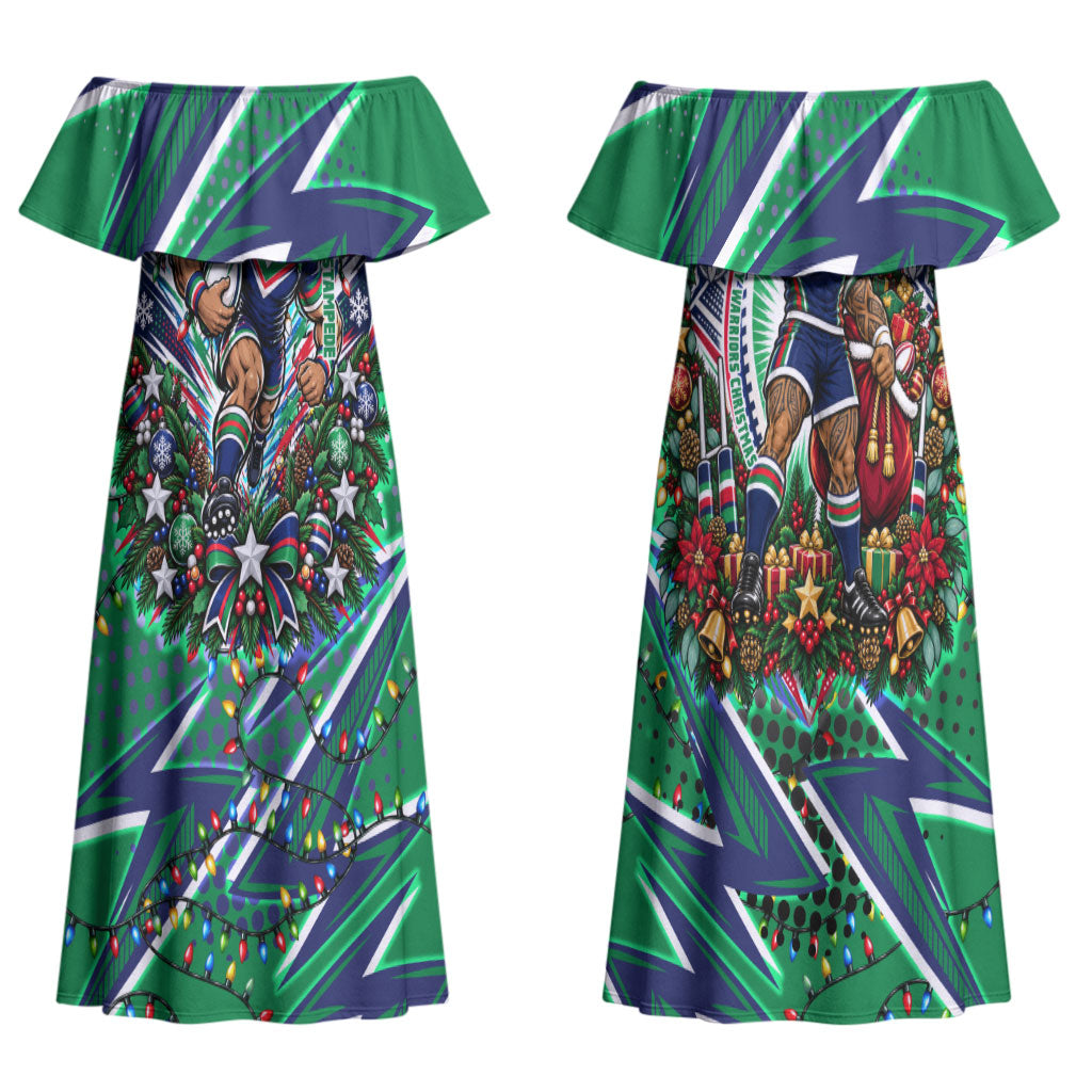 Personalized New Zealand Warriors Rugby Christmas Couples Matching Off Shoulder Maxi Dress and Long Sleeve Button Shirt Holiday Mascot Graphic Art Festive Lights Bow