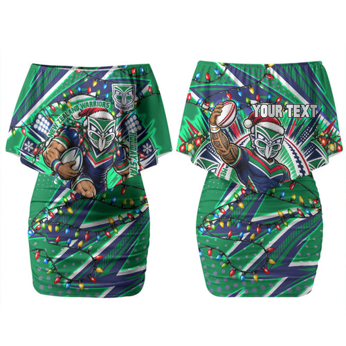 Personalized New Zealand Warriors Rugby Christmas Couples Matching Off Shoulder Short Dress and Hawaiian Shirt Holiday Mascot Graphic Art Festive Lights Bow