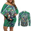 Personalized New Zealand Warriors Rugby Christmas Couples Matching Off Shoulder Short Dress and Long Sleeve Button Shirt Holiday Mascot Graphic Art Festive Lights Bow