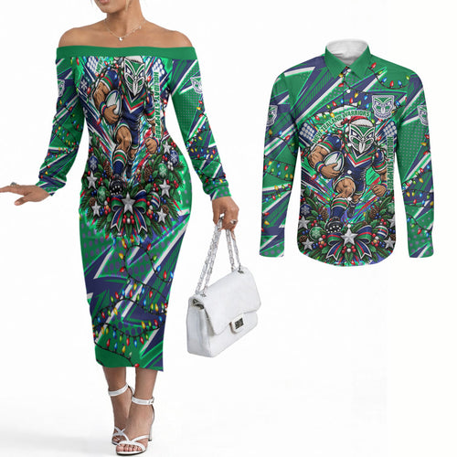 Personalized New Zealand Warriors Rugby Christmas Couples Matching Off The Shoulder Long Sleeve Dress and Long Sleeve Button Shirt Holiday Mascot Graphic Art Festive Lights Bow