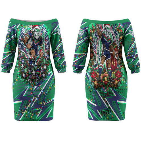 Personalized New Zealand Warriors Rugby Christmas Couples Matching Off The Shoulder Long Sleeve Dress and Long Sleeve Button Shirt Holiday Mascot Graphic Art Festive Lights Bow