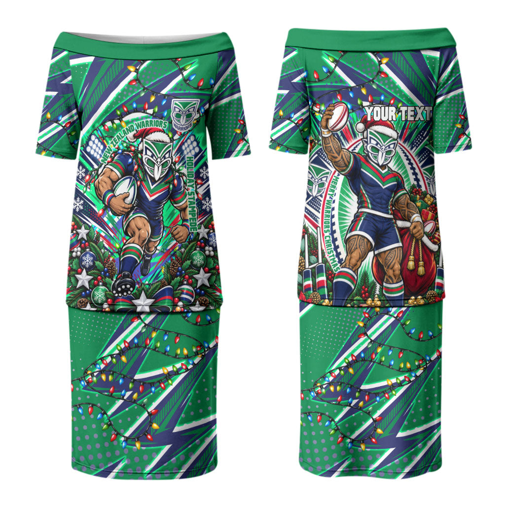 Personalized New Zealand Warriors Rugby Christmas Couples Matching Puletasi and Hawaiian Shirt Holiday Mascot Graphic Art Festive Lights Bow