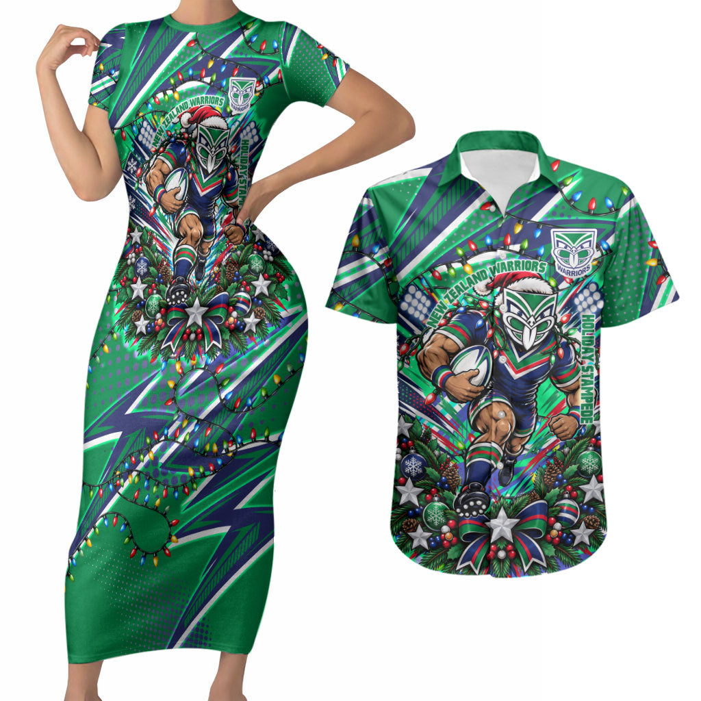 Personalized New Zealand Warriors Rugby Christmas Couples Matching Short Sleeve Bodycon Dress and Hawaiian Shirt Holiday Mascot Graphic Art Festive Lights Bow