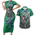 Personalized New Zealand Warriors Rugby Christmas Couples Matching Short Sleeve Bodycon Dress and Hawaiian Shirt Holiday Mascot Graphic Art Festive Lights Bow