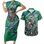 Personalized New Zealand Warriors Rugby Christmas Couples Matching Short Sleeve Bodycon Dress and Hawaiian Shirt Holiday Mascot Graphic Art Festive Lights Bow
