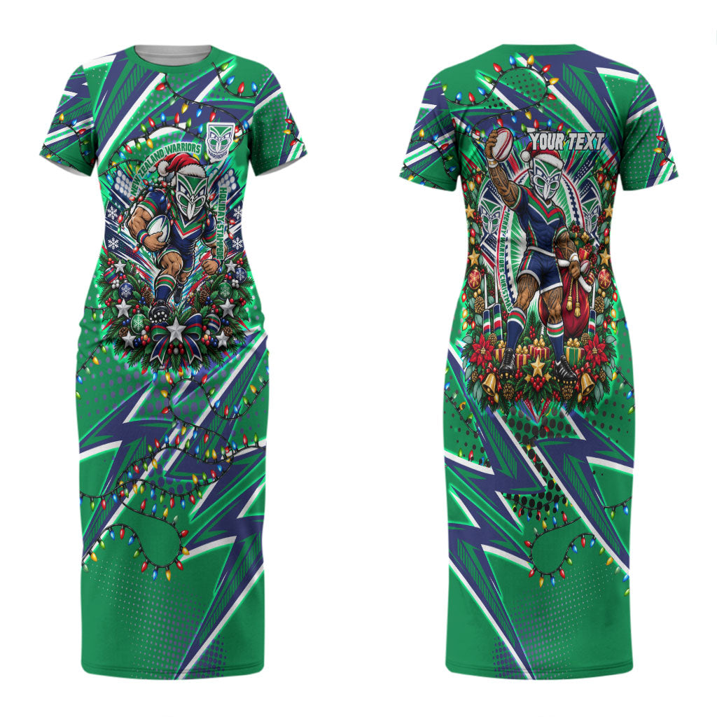 Personalized New Zealand Warriors Rugby Christmas Couples Matching Short Sleeve Bodycon Dress and Hawaiian Shirt Holiday Mascot Graphic Art Festive Lights Bow