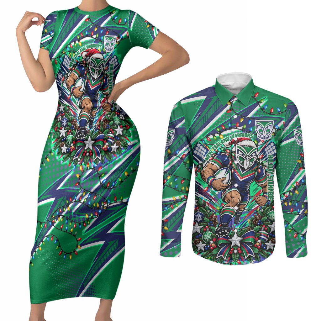 Personalized New Zealand Warriors Rugby Christmas Couples Matching Short Sleeve Bodycon Dress and Long Sleeve Button Shirt Holiday Mascot Graphic Art Festive Lights Bow