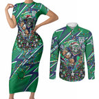 Personalized New Zealand Warriors Rugby Christmas Couples Matching Short Sleeve Bodycon Dress and Long Sleeve Button Shirt Holiday Mascot Graphic Art Festive Lights Bow