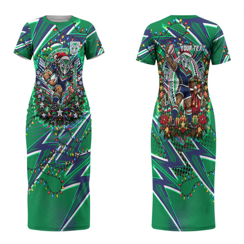 Personalized New Zealand Warriors Rugby Christmas Couples Matching Short Sleeve Bodycon Dress and Long Sleeve Button Shirt Holiday Mascot Graphic Art Festive Lights Bow