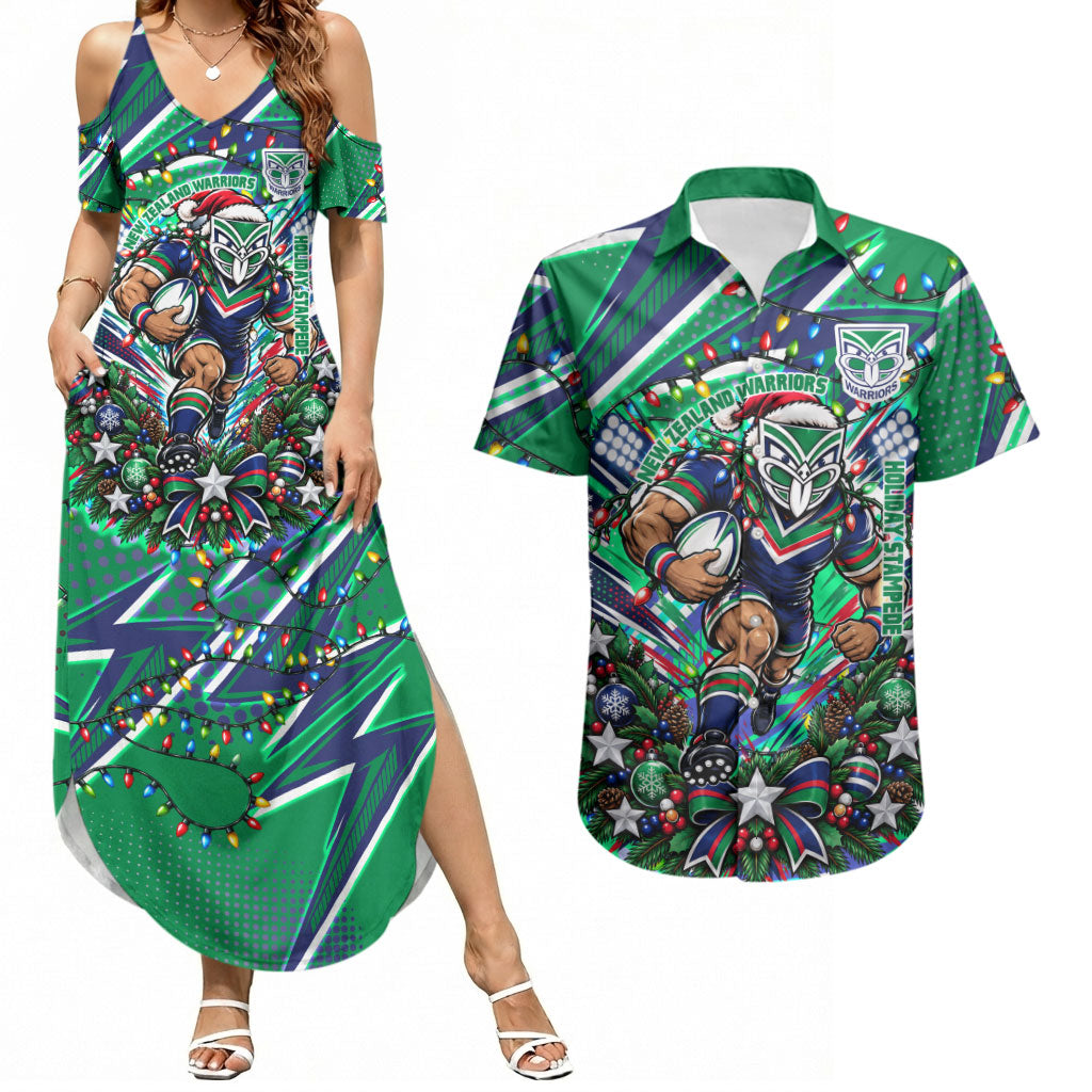 Personalized New Zealand Warriors Rugby Christmas Couples Matching Summer Maxi Dress and Hawaiian Shirt Holiday Mascot Graphic Art Festive Lights Bow