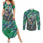 Personalized New Zealand Warriors Rugby Christmas Couples Matching Summer Maxi Dress and Long Sleeve Button Shirt Holiday Mascot Graphic Art Festive Lights Bow