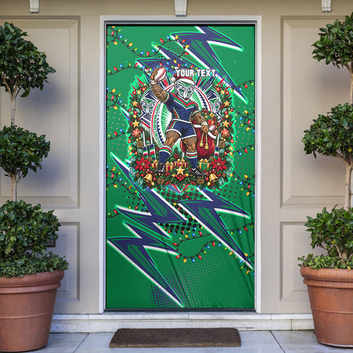 Personalized New Zealand Warriors Rugby Christmas Door Cover Holiday Mascot Graphic Art Festive Lights Bow