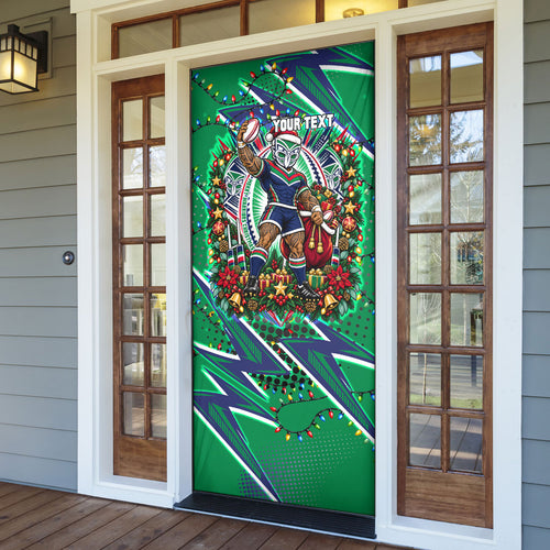 Personalized New Zealand Warriors Rugby Christmas Door Cover Holiday Mascot Graphic Art Festive Lights Bow