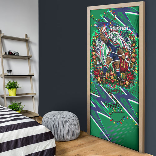 Personalized New Zealand Warriors Rugby Christmas Door Cover Holiday Mascot Graphic Art Festive Lights Bow
