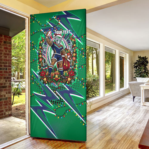 Personalized New Zealand Warriors Rugby Christmas Door Cover Holiday Mascot Graphic Art Festive Lights Bow