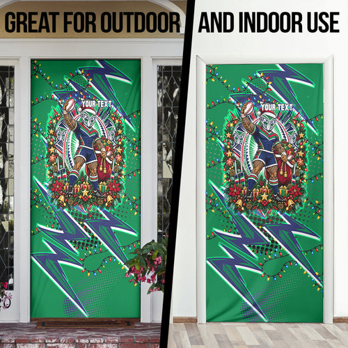 Personalized New Zealand Warriors Rugby Christmas Door Cover Holiday Mascot Graphic Art Festive Lights Bow