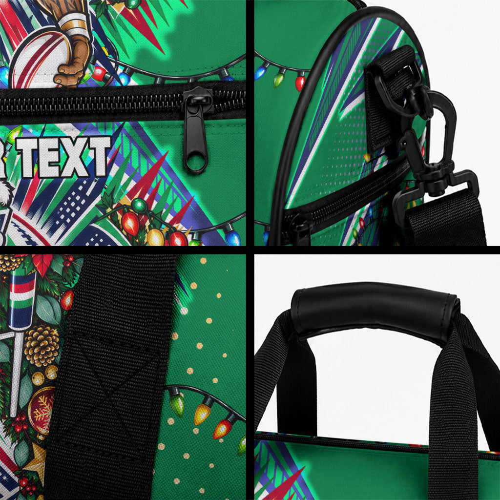 Personalized New Zealand Warriors Rugby Christmas Duffle Bag Holiday Mascot Graphic Art Festive Lights Bow
