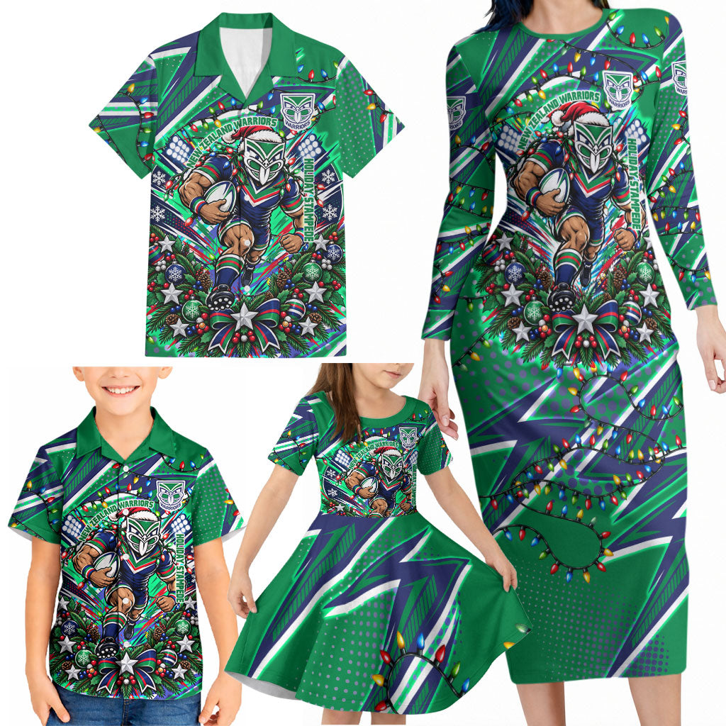 Personalized New Zealand Warriors Rugby Christmas Family Matching Long Sleeve Bodycon Dress and Hawaiian Shirt Holiday Mascot Graphic Art Festive Lights Bow
