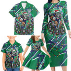Personalized New Zealand Warriors Rugby Christmas Family Matching Long Sleeve Bodycon Dress and Hawaiian Shirt Holiday Mascot Graphic Art Festive Lights Bow