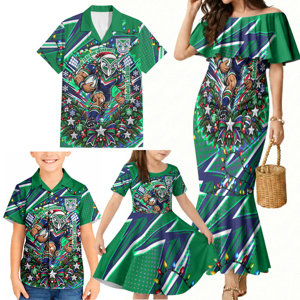 Personalized New Zealand Warriors Rugby Christmas Family Matching Mermaid Dress and Hawaiian Shirt Holiday Mascot Graphic Art Festive Lights Bow